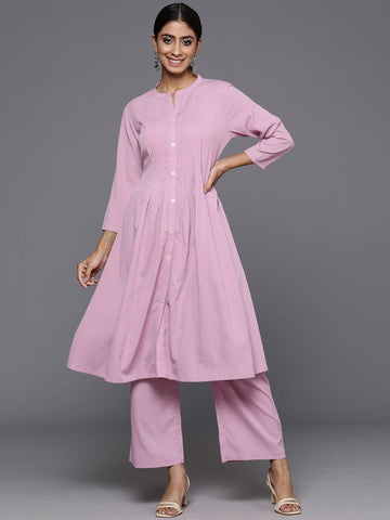 Lavender A-Line Kurta Paired With Tonal Printed Bottom